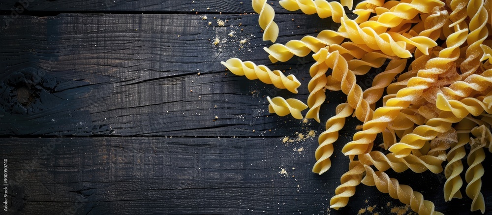 Poster top view of dry pasta on a black wooden surface typical of italian cuisine creating a visually appea