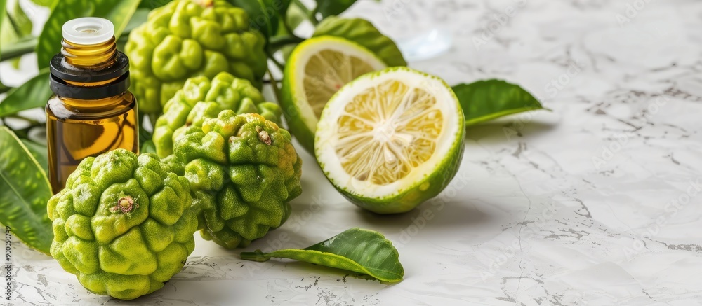 Poster Fresh bergamot fruits and a bottle of essential oil displayed together on a white marble table with a spacious area available for adding text. with copy space image. Place for adding text or design