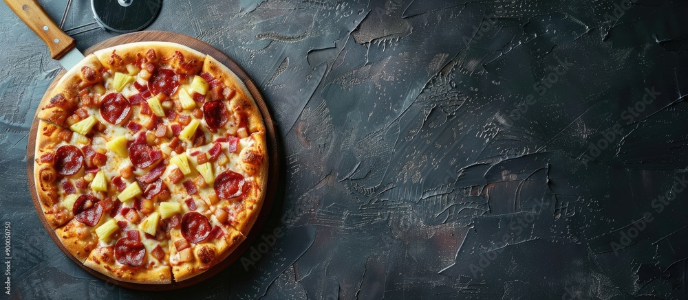 Poster delicious hawaiian pizza with cheese crispy bacon and pineapple served with a pizza cutter wheel on 