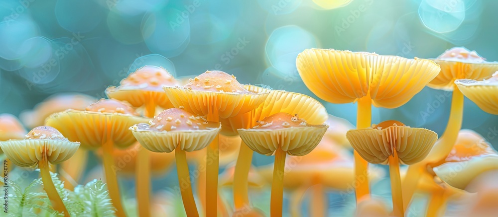 Aufkleber Abstract macro background featuring yellow wild mushrooms with inverted caps Includes blur selective focus and copy space image