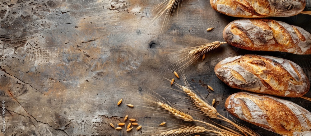 Fototapete bread accompanied by barley ears set against a rustic background with ample copy space image