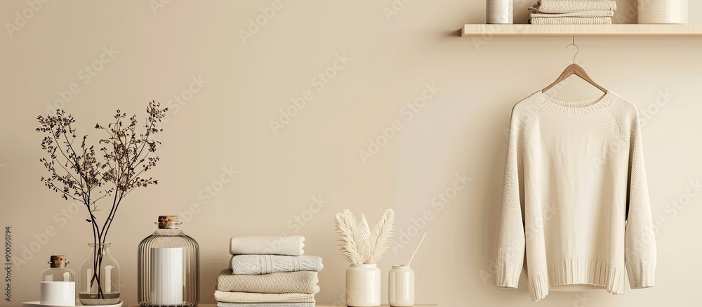 Poster sweaters displayed on shelf unit against beige wall in room with copy space image