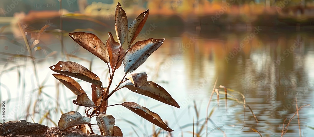Fototapete garden art featuring a weathered metal plant in a scenic setting with a serene lake in the backgroun