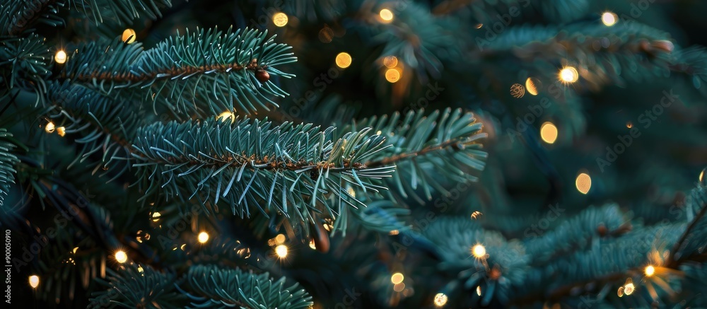 Poster close up image of christmas tree branches with lights ideal for copy space