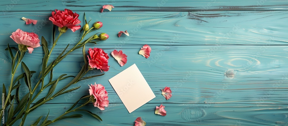 Poster Mother s Day photography concept featuring lovely carnations on a template card placed on a bright wooden table with copy space image available captured from a flat lay top view for a mock up