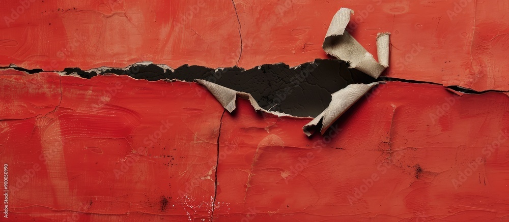 Poster damaged paper with a torn hole featuring a red backdrop in a badly exposed copy space image