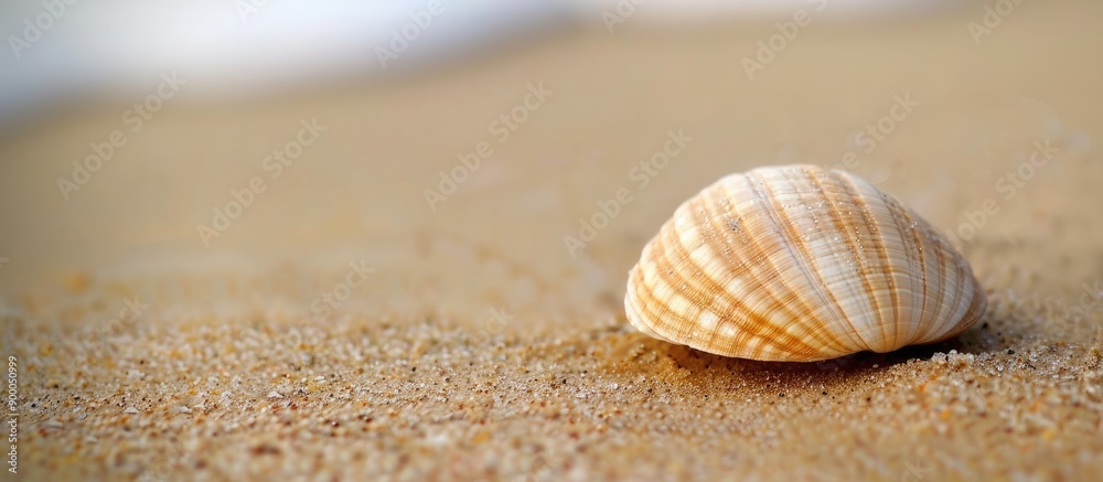 Poster Solitary clam shell on the sandy beach by the seashore with a vast copy space image