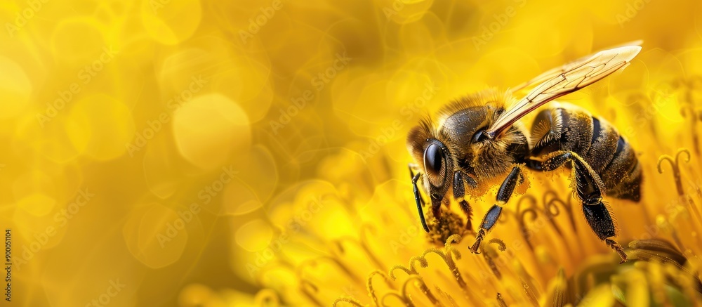 Poster Close up of a bee on a vibrant yellow dandelion in a natural setting gathering pollen and nectar for honey production in the hive Macro copy space image