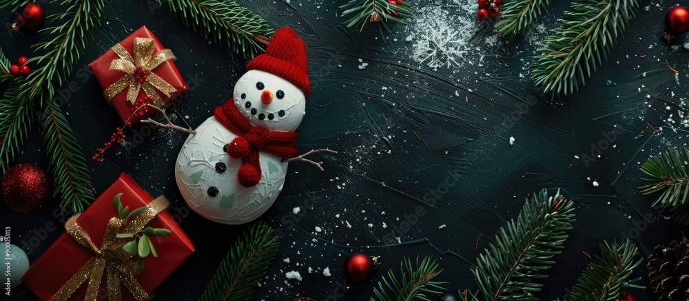 Poster Top down view of a holiday present background for Christmas and New Year with a snowman fir branches and a dark backdrop ideal for greeting cards featuring ample copy space image