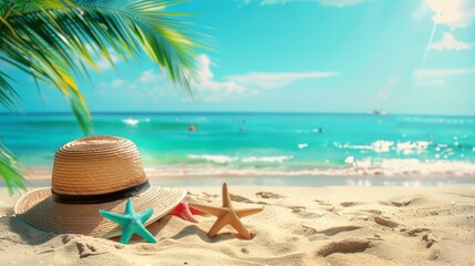 Tropical beach with sunbathing accessories, summer holiday background