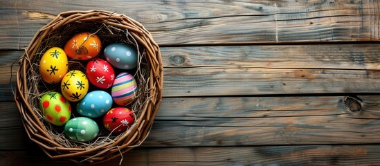 Easter basket filled with colorful eggs on a rustic wooden background perfect for copy space image