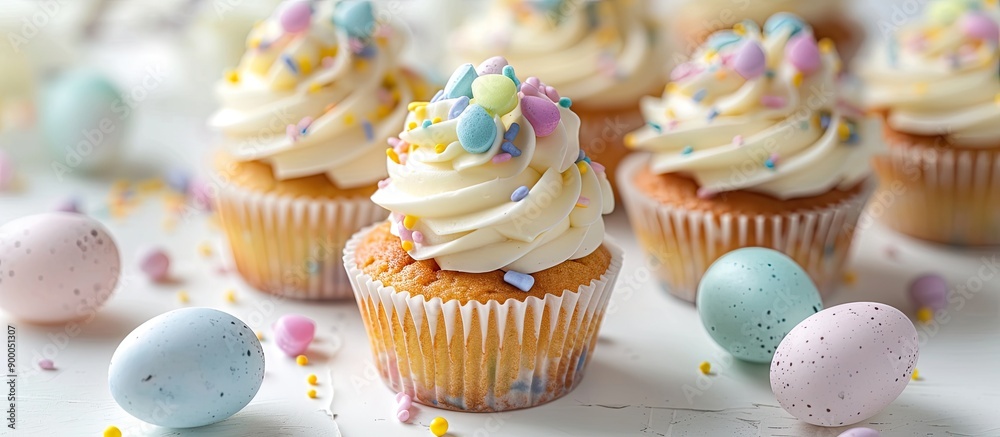 Poster Easter themed cupcakes featured with selective focus on a horizontal white backdrop allowing space for additional image elements