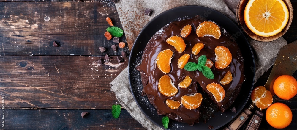 Leinwandbilder creamy chocolate cake with profiterole and candied oranges seen from above a classic dessert with a 