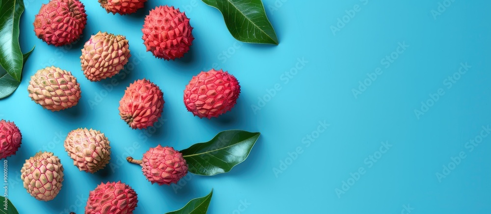 Aufkleber flat lay of fresh ripe lychees with leaves on a blue backdrop offering copy space for text
