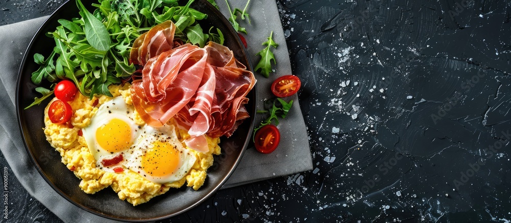 Aufkleber scrambled eggs with prosciutto and salad presented on a dark grey slate background with copy space i
