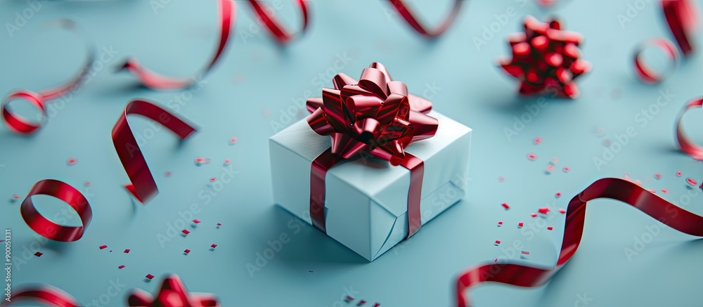 Aufkleber a festive composition showing a holiday gift box with a bow surrounded by red satin tape on a light 