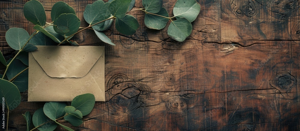 Aufkleber Top down view of a eucalyptus branch and a decorative envelope placed on a wooden surface with space available for adding text. with copy space image. Place for adding text or design