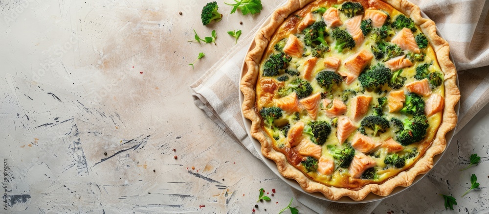 Poster Close up view of a savory homemade quiche featuring salmon and broccoli on a beige table with a blank area for text in the image area. with copy space image. Place for adding text or design