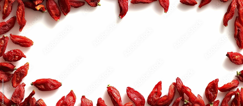 Poster Red dried goji berries form a frame against a white background creating a copy space image