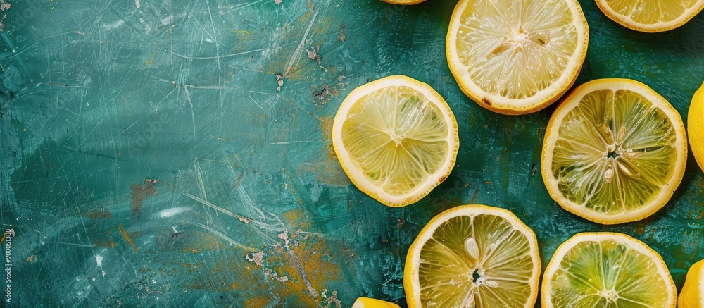 Fototapete Top view of fresh ripe lemon slices arranged on a green table in a kitchen setting with a clear area for adding text or images. with copy space image. Place for adding text or design