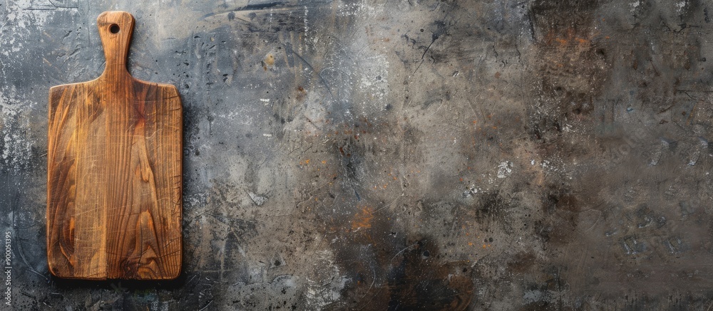 Aufkleber Cooking at home with an empty wooden cutting board set on a textured concrete background ideal for a copy space image
