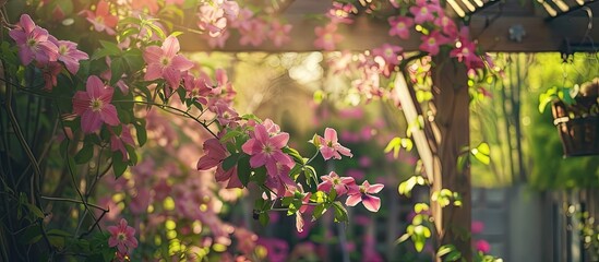 Pink clematis thrives on a wooden arbor with a backdrop of blooming pink dogwood creating a picturesque scene with copy space image