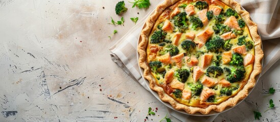 Close up view of a savory homemade quiche featuring salmon and broccoli on a beige table with a blank area for text in the image area. with copy space image. Place for adding text or design