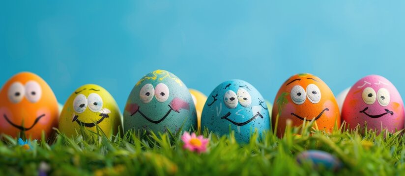 Easter eggs decorated with festive faces offer a delightful Easter concept featuring ample copy space for personalization in images