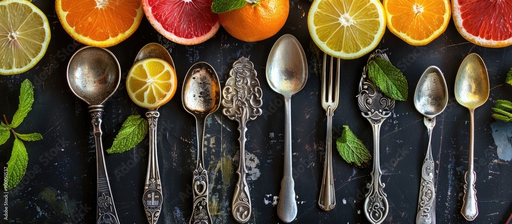 Aufkleber arrangement of citrus fruits and vintage silverware on a black surface with back lighting creates a 