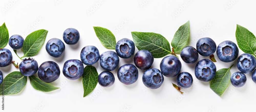 Poster Freshly picked organic blueberries arranged in studio shot on white background with copy space image for showcasing healthy super antioxidant fruit food