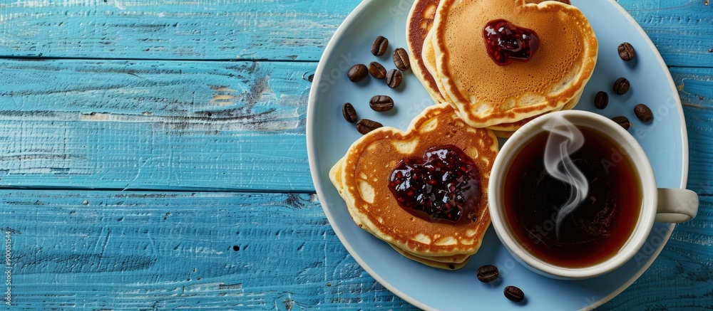Poster heart shaped pancakes with berry jam a coffee bean heart and a steaming cup of coffee on a blue wood