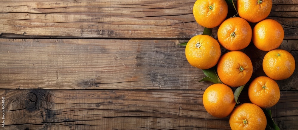 Poster Top view of fresh oranges displayed on a wooden table with ample copy space image