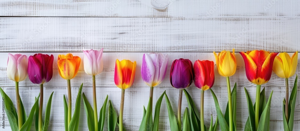 Poster vivid multicolored tulips on a light wooden backdrop with ample copy space image for birthdays or ot