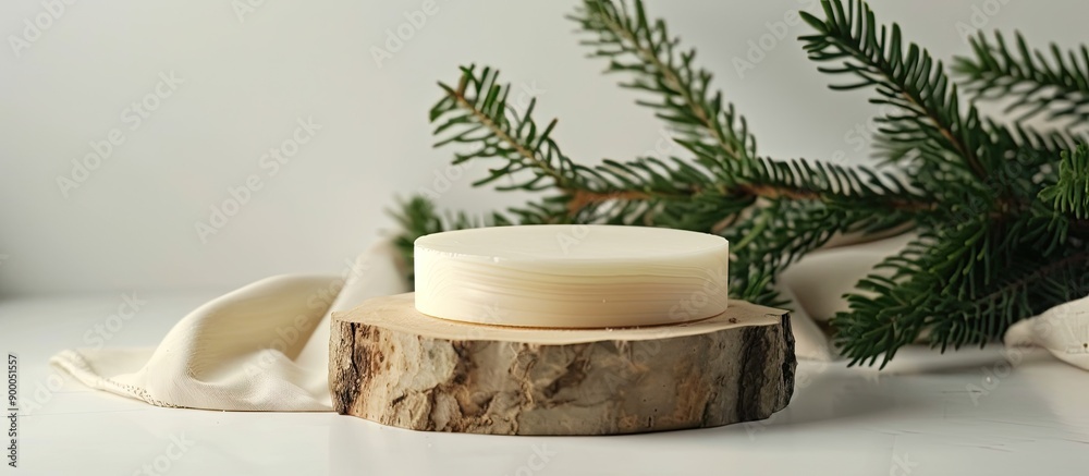 Poster mock up a wooden podium next to a spruce branch on a white backdrop ideal for eco friendly face and 