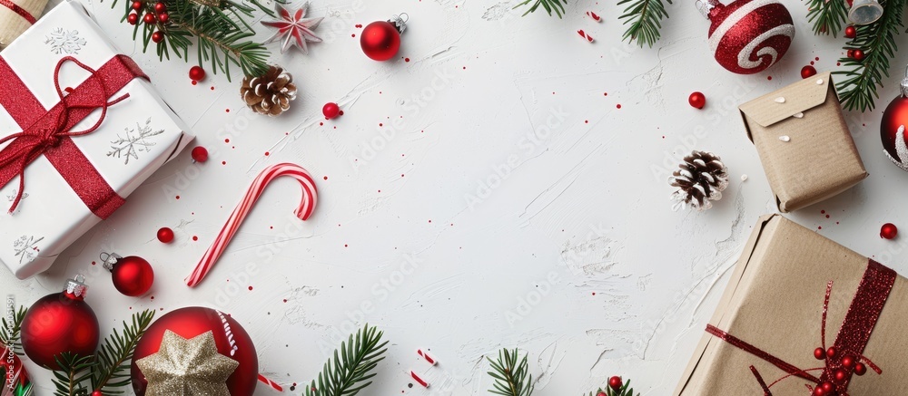 Poster Festive Christmas setup featuring presents tree branches red ornaments and a candy cane on a white backdrop Perfect for holiday themed designs with a top down view Suitable for copy space image