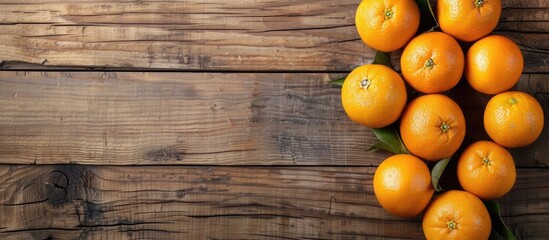 Top view of fresh oranges displayed on a wooden table with ample copy space image