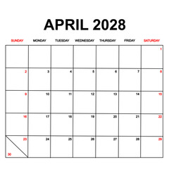 april 2028. Calendar with holydays or red dates. monthly calendar design with week starts on sunday. printable, simple, and clean vector design isolated on white background.