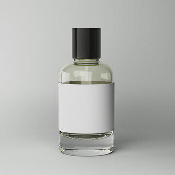 Botella de vidrio transparente con una tapa negra y una etiqueta blanca sin texto. Dise&ntilde;o 3D minimalista, Mockup.
