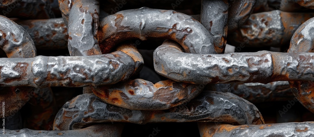 Poster Steel chain links in various lengths have a random curly appearance in the copy space image