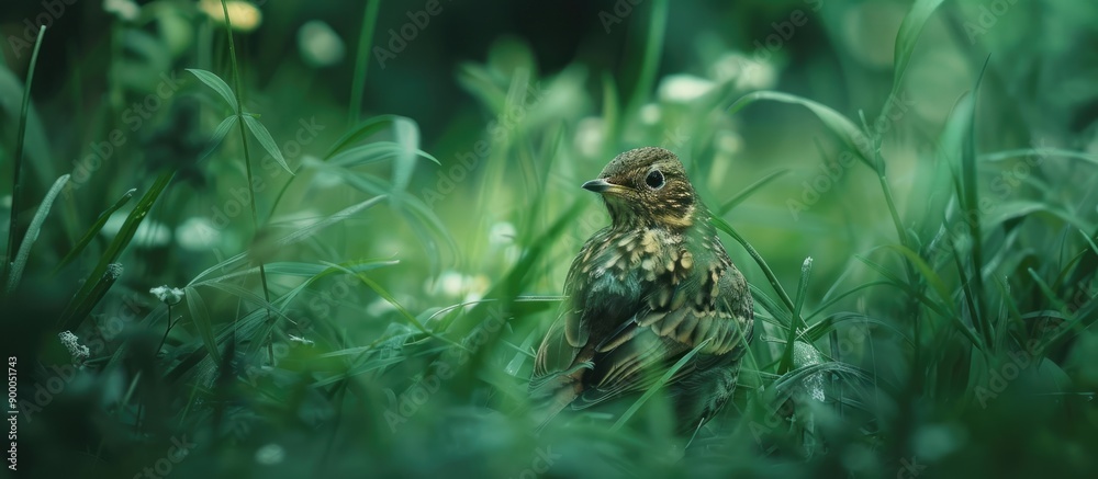 Poster a song thrush bird turdus philomelos nestled in lush green grass providing a serene scene with copy 