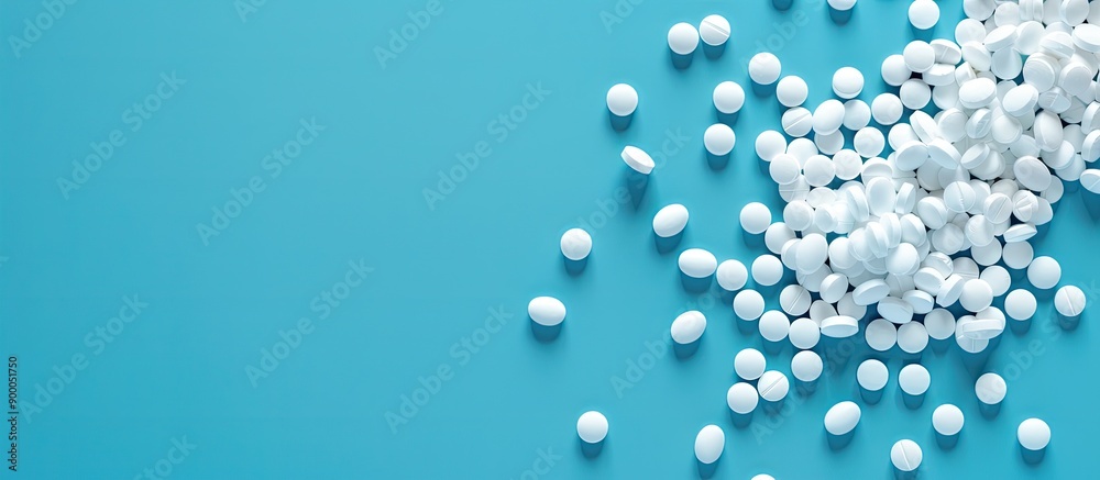 Poster white pills are scattered on a blue table in a mock up for promotional purposes like advertising or 