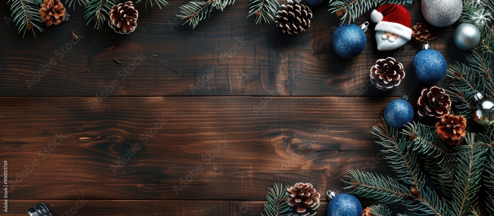 Poster horizontal banner featuring a christmas border with pine branches adorned in blue and silver santa c