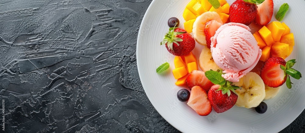 Poster a white plate with crape topped with assorted tropical fruit accompanied by strawberry ice cream all