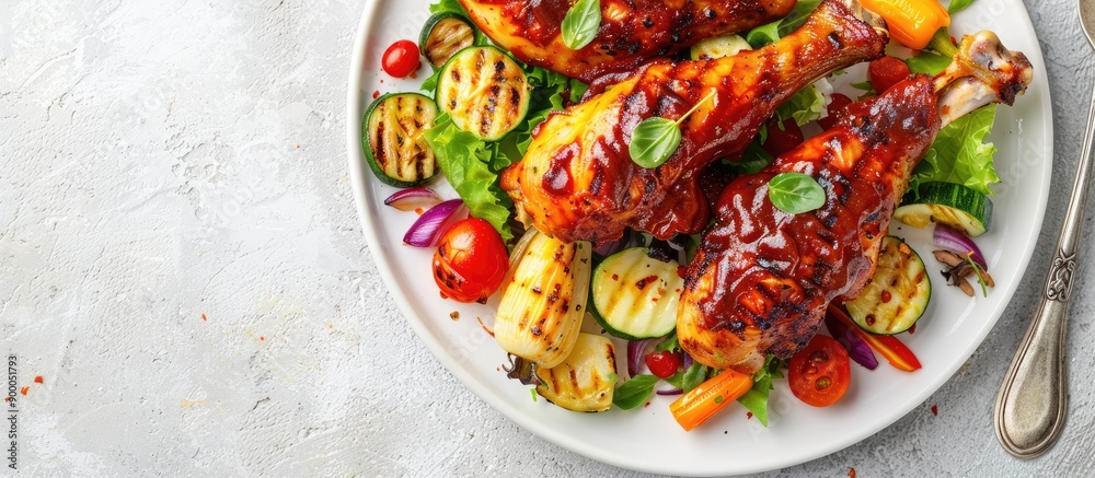 Poster top view of a delicious snack featuring grilled chicken legs in barbecue sauce roasted vegetables an