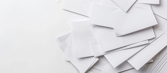 Business report papers arranged neatly on a white background with empty space for additional images or text