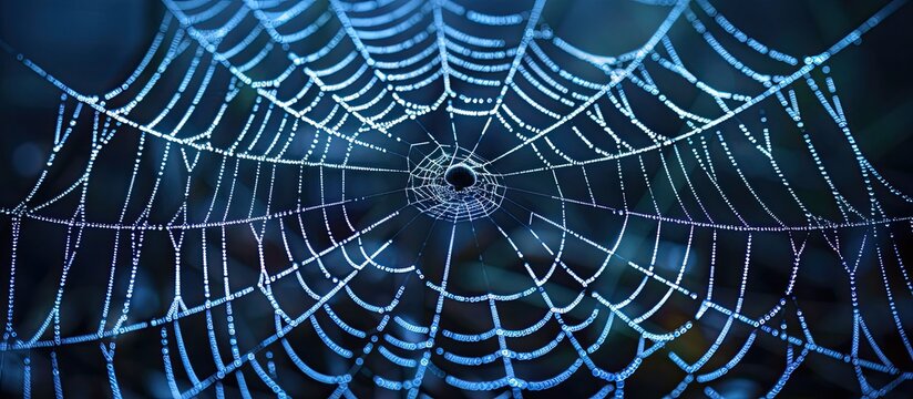 Capture a spider s web s intricate details set against a dark backdrop ideal as a background for Halloween designs needing copy space image