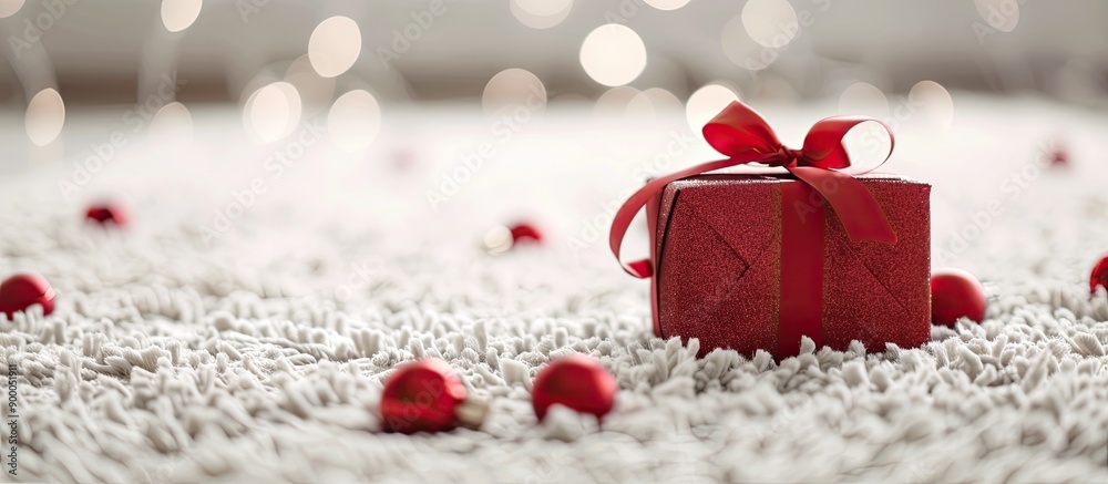 Poster A Christmas present is displayed on a white carpet in a photo with copy space image