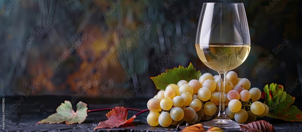 Aufkleber Photo of a glass of white wine with autumn grapes against a dark background offers space for adding text or other elements. with copy space image. Place for adding text or design