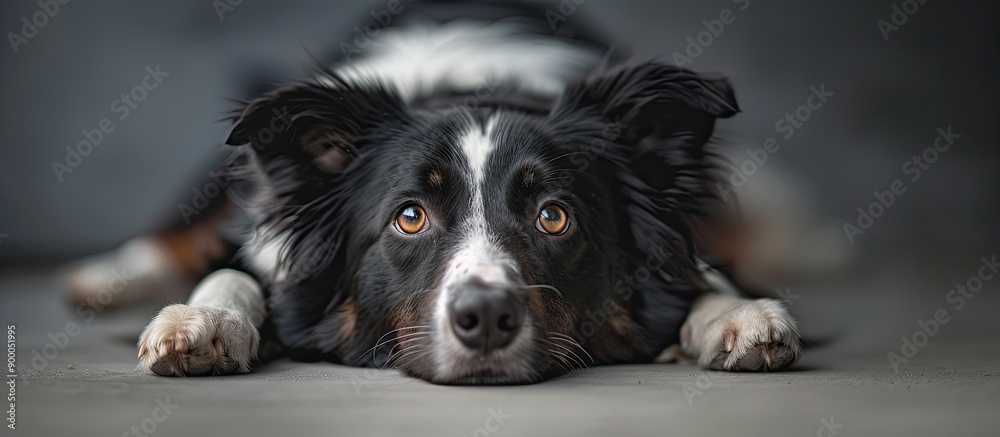 Poster a border collie dog lies with legs extended gazing at the camera in a photo with copy space image
