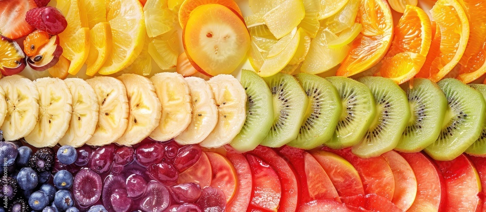 Poster Colorful rainbow stripes made with mixed fruits and slices symbolizing healthy eating room for text in a copy space image